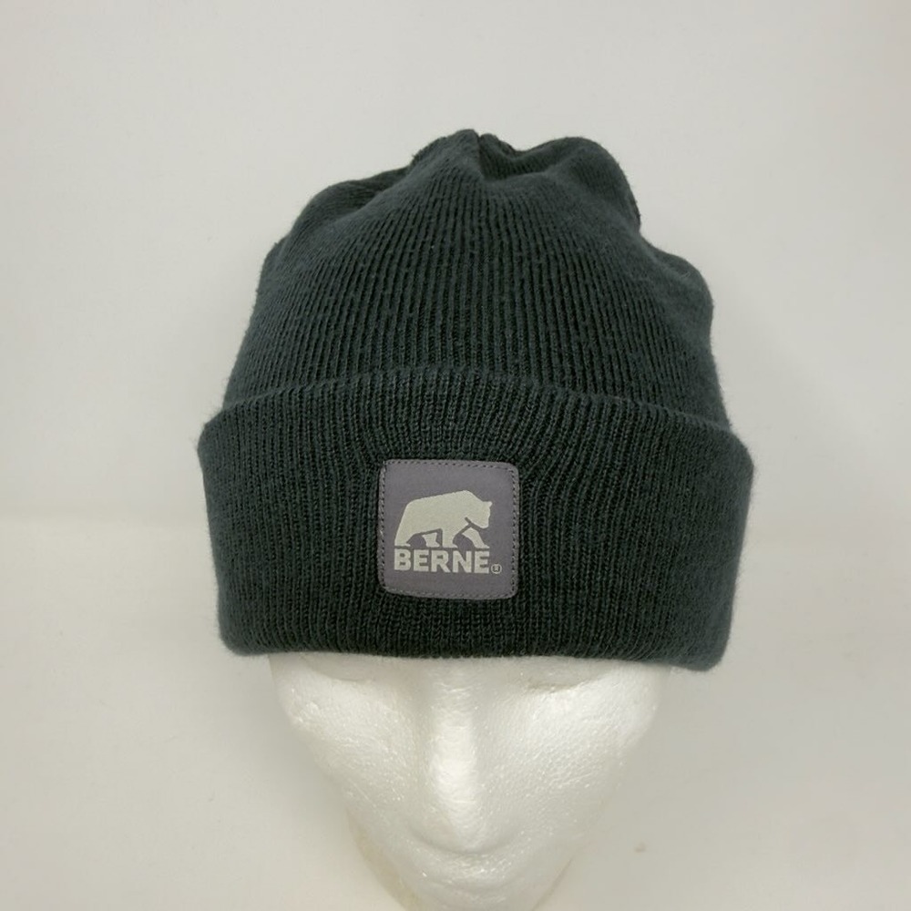 Berne Apparel Mens Charcoal Grey Ribbed Knit Cuffed Beanie Bear Logo Hat H160NV